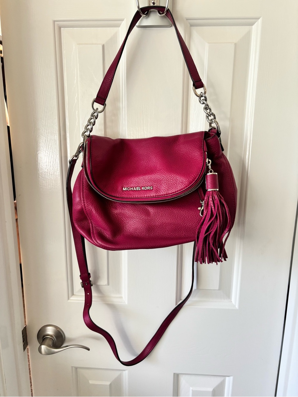 Michael Kors Magenta Pebbled Leather Shoulder Bag with Tassel